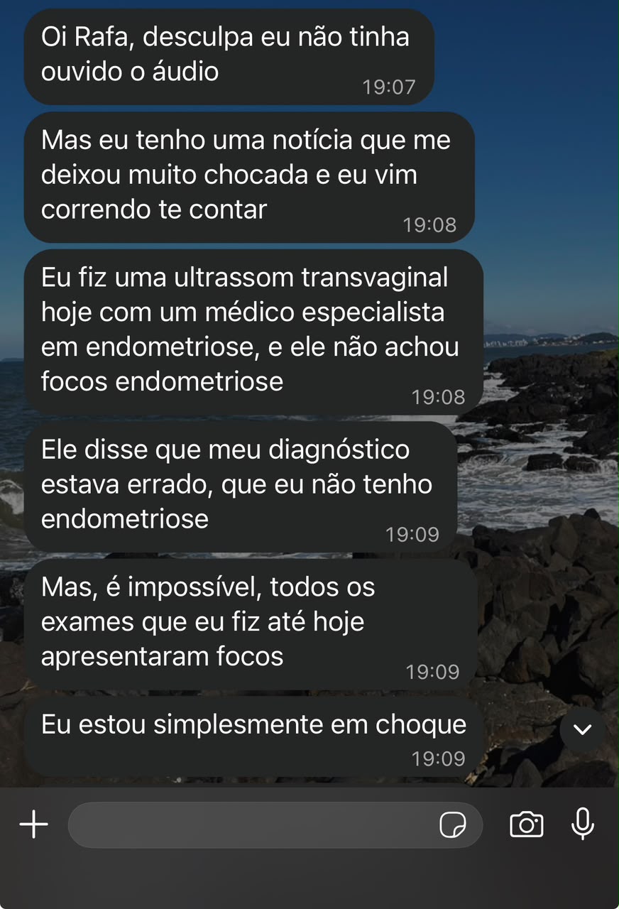 Depoimento de paciente relatando exame sem focos de endometriose